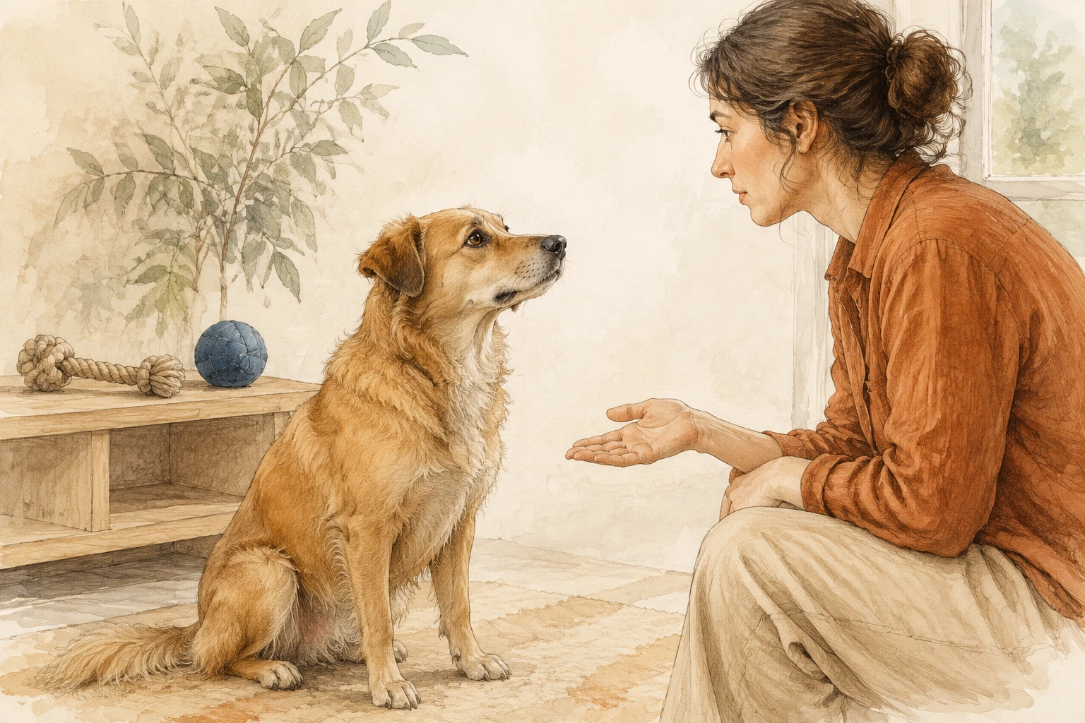 Ilustração conceitual de um cão, dois brinquedos e um interlocutor humano, comparando indicação incorreta, indicação correta e ausência de indicação de referente.