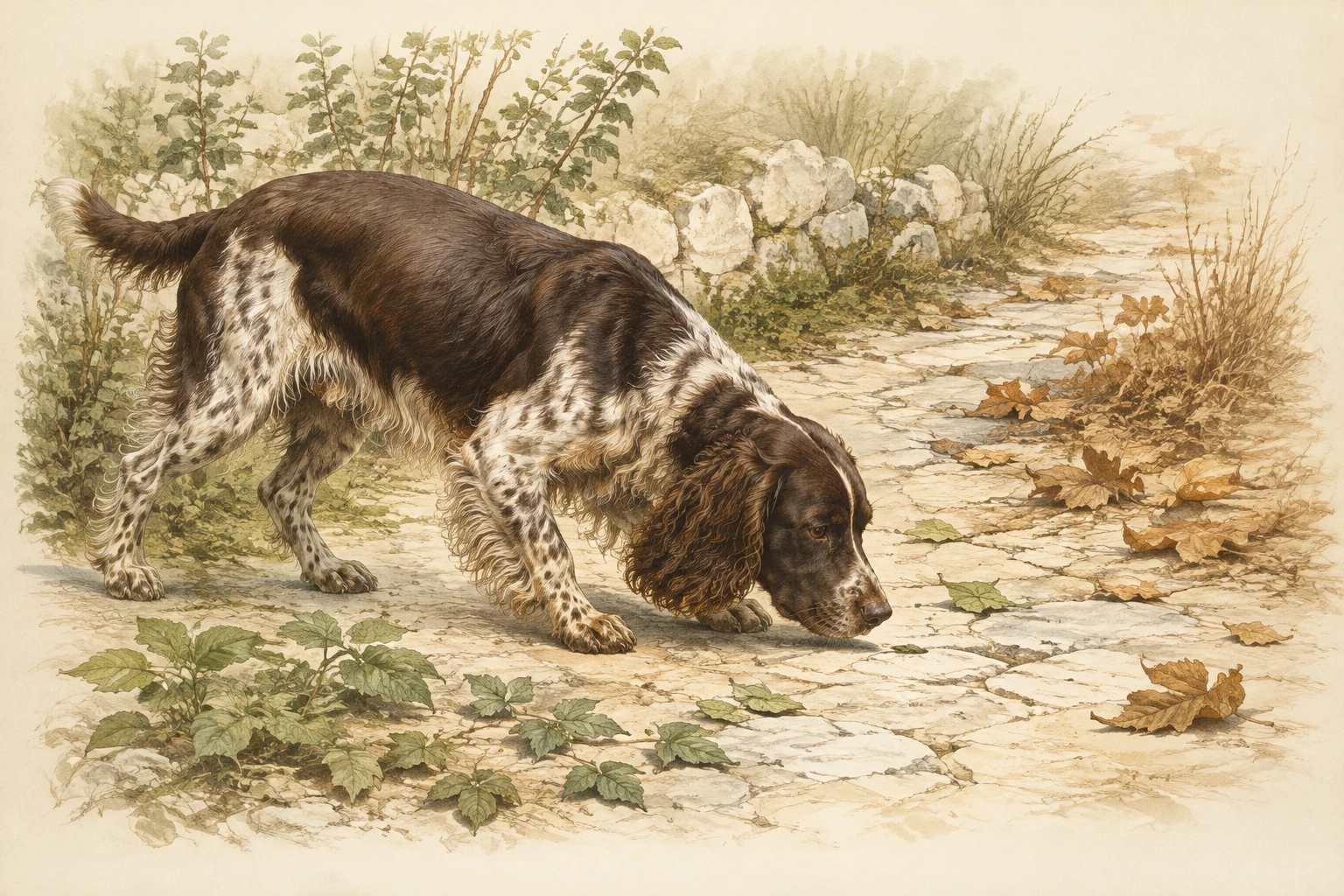 Ilustração conceitual de um cão em tarefa temporal, com perfis odoríferos jovens e envelhecidos apresentados em duas concentrações durante sondas de duração real fixa.