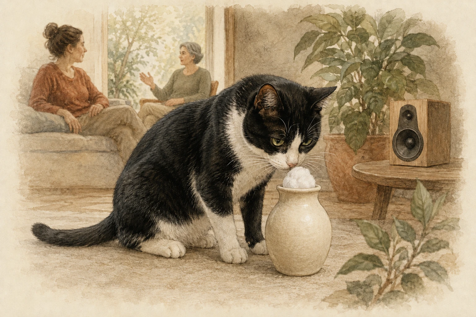 Um gato cheira uma amostra de odor; duas mulheres familiares e um alto-falante compõem a cena ao fundo.