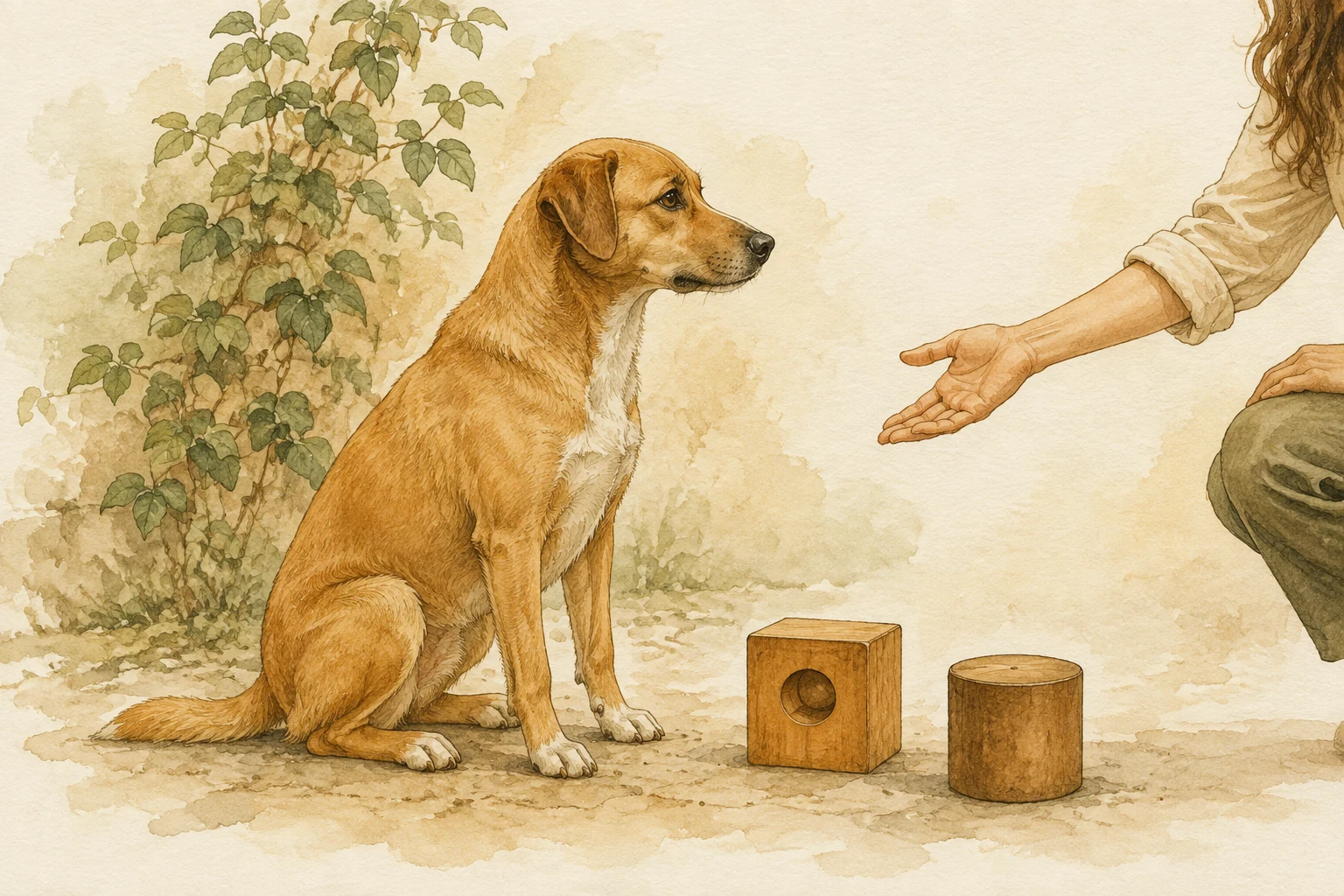 Cão atento diante de objetos e de uma mão aberta.