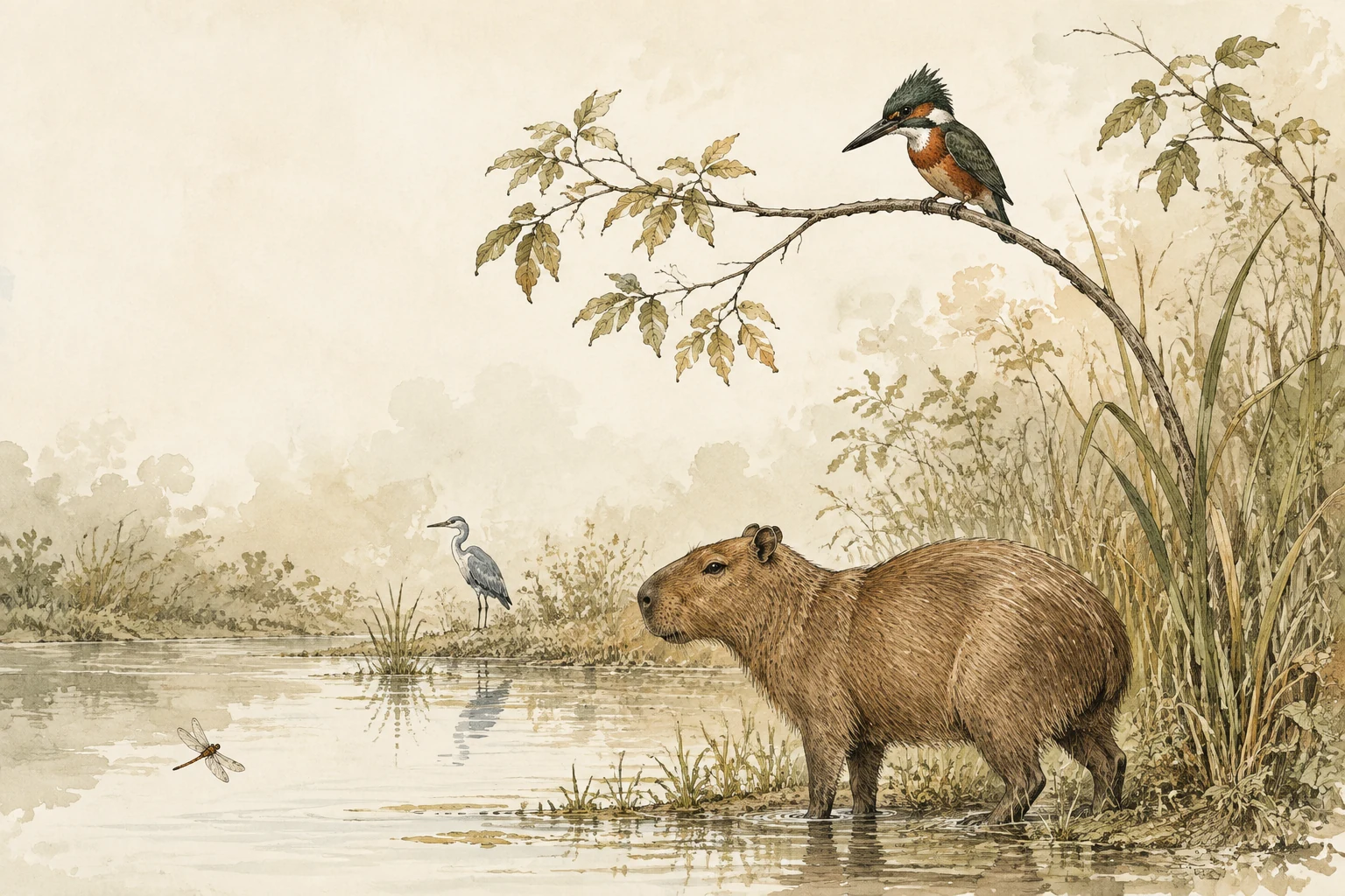 Capivara, martim-pescador e garça em uma paisagem alagada ilustrada.