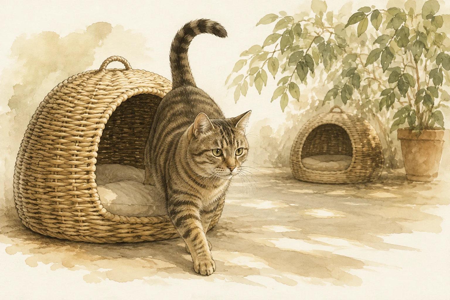 Gato saindo voluntariamente de um abrigo de vime.