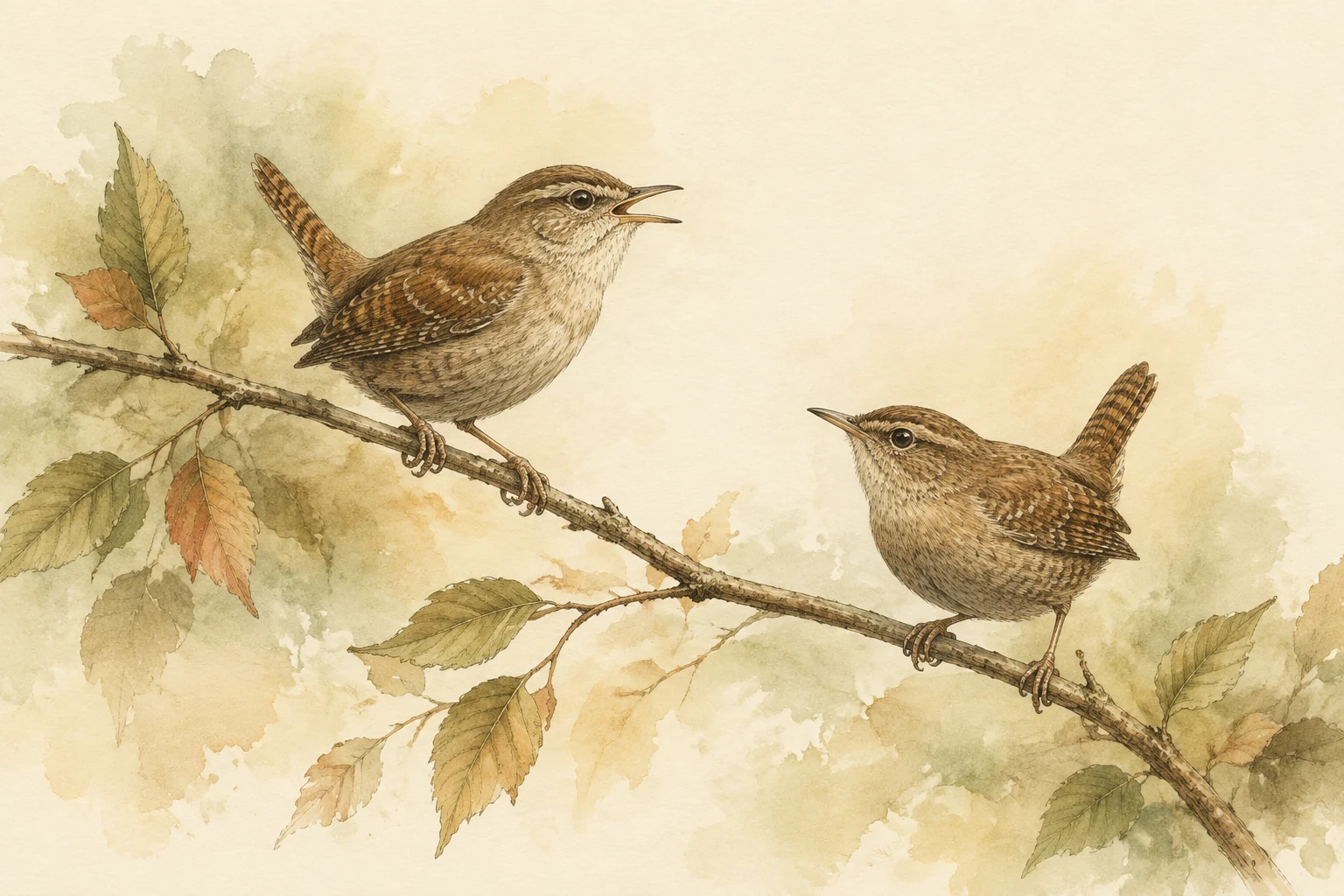 Duas pequenas aves orientadas uma para a outra em um galho.