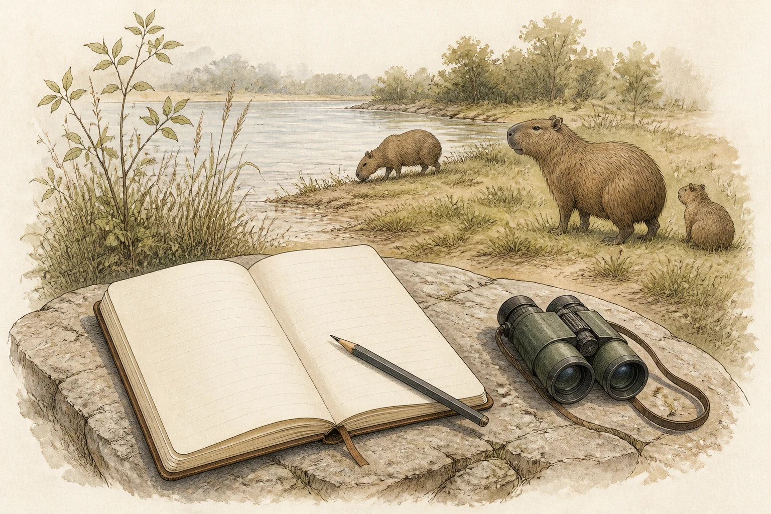 Caderno, lápis e binóculos diante de capivaras na margem de um rio.