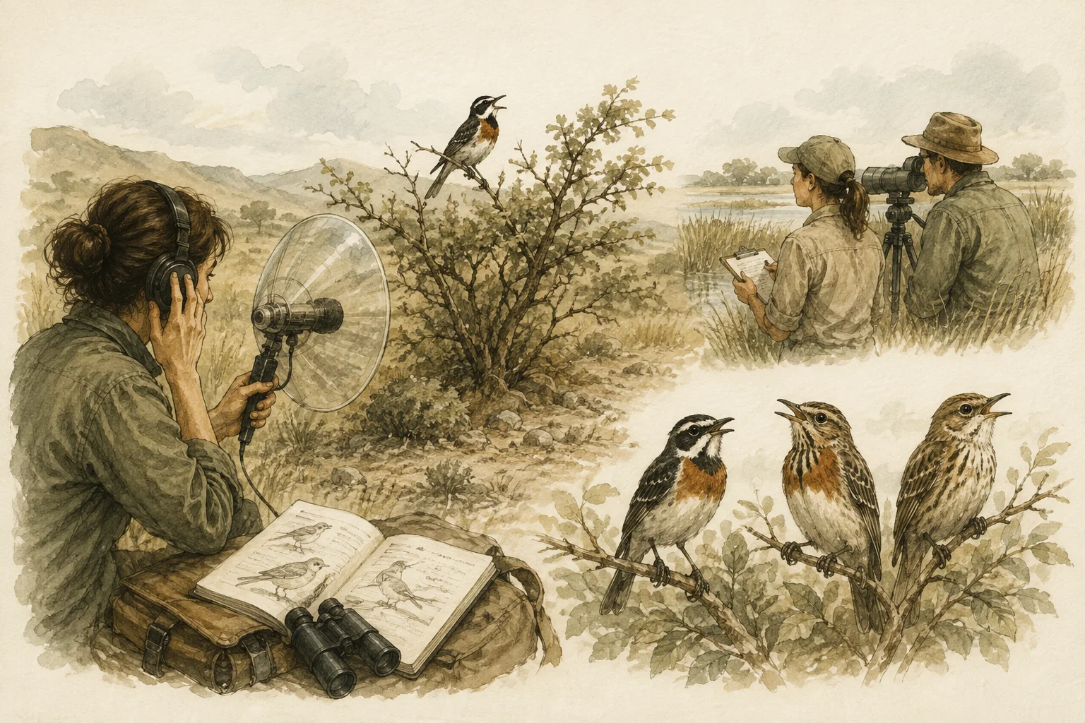 Pesquisadores registram vocalizações de aves, com detalhes comparativos de três indivíduos.