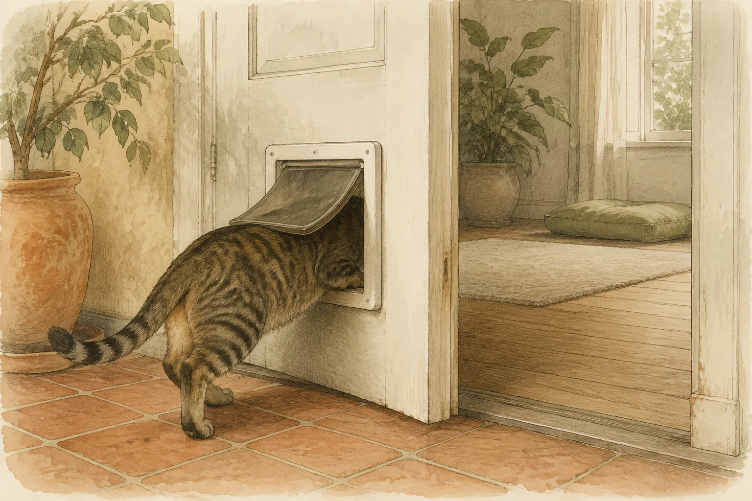 Gato empurrando uma portinhola leve para acessar outro cômodo.