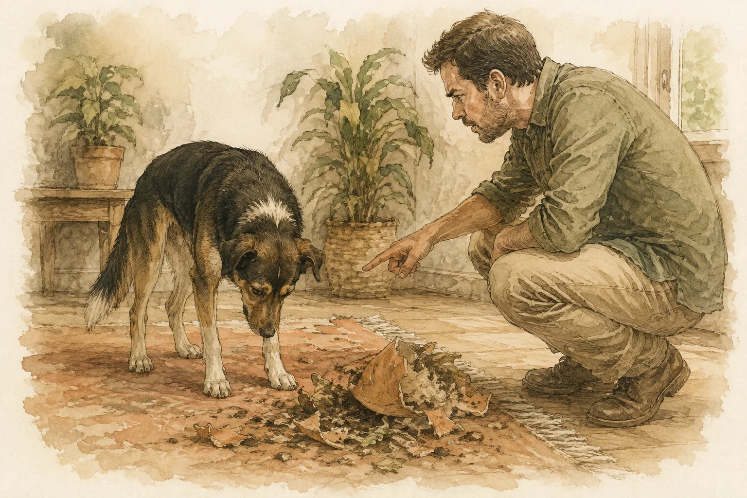Cão com a cabeça baixa diante de um vaso quebrado e do gesto de seu tutor.
