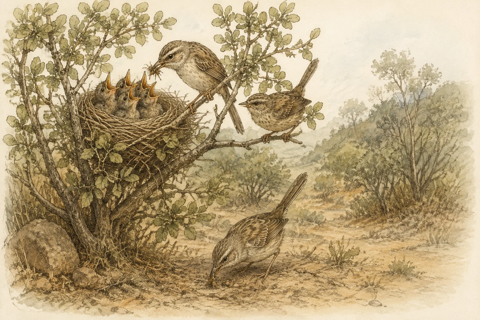Aves adultas aproximam-se de um ninho com filhotes e oferecem alimento.