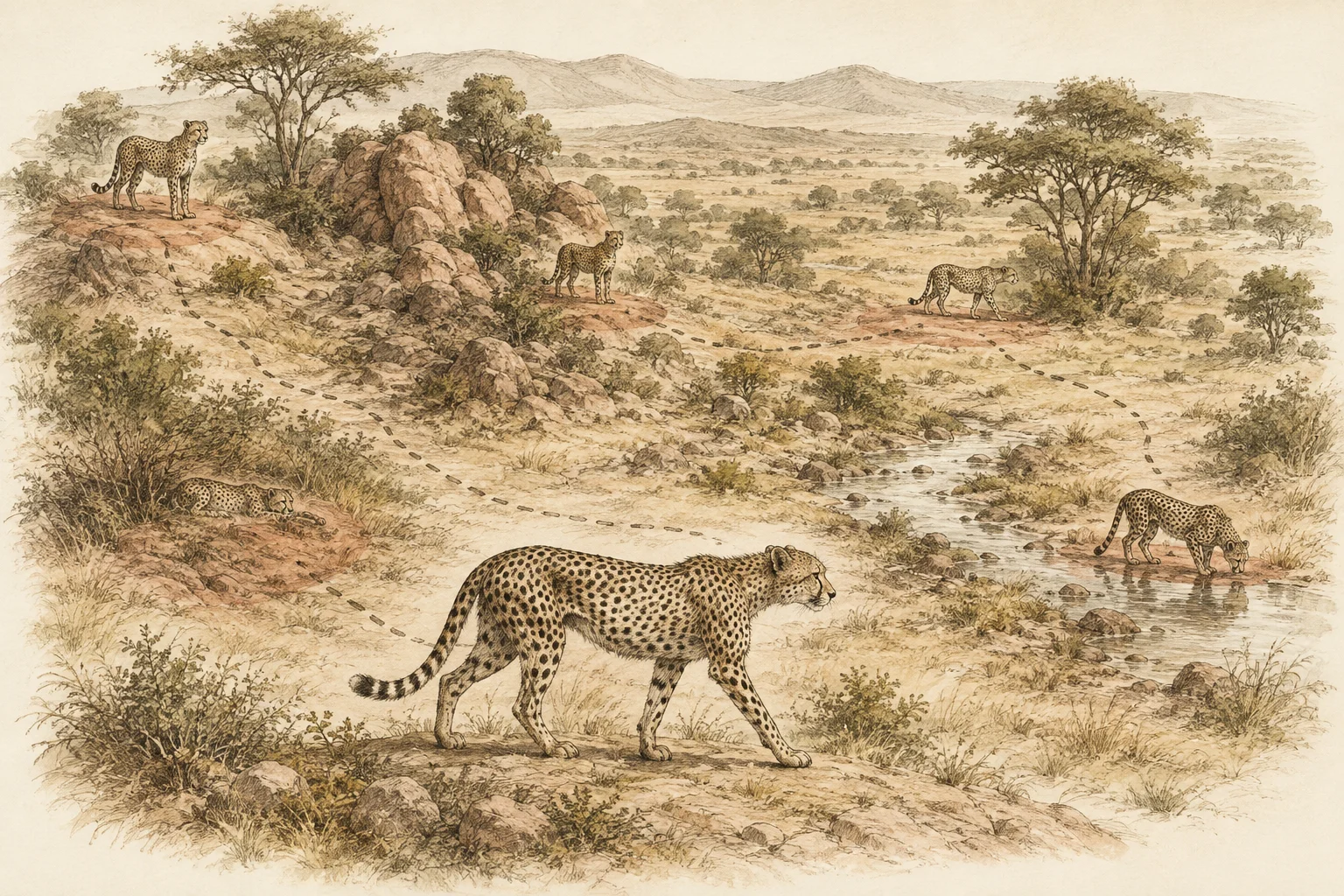 Felino deslocando-se por diferentes pontos de uma paisagem de savana.