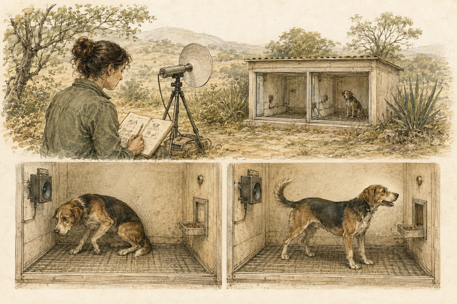 Pesquisadora acompanha um cão em um recinto, com duas cenas de sua resposta ao ambiente.