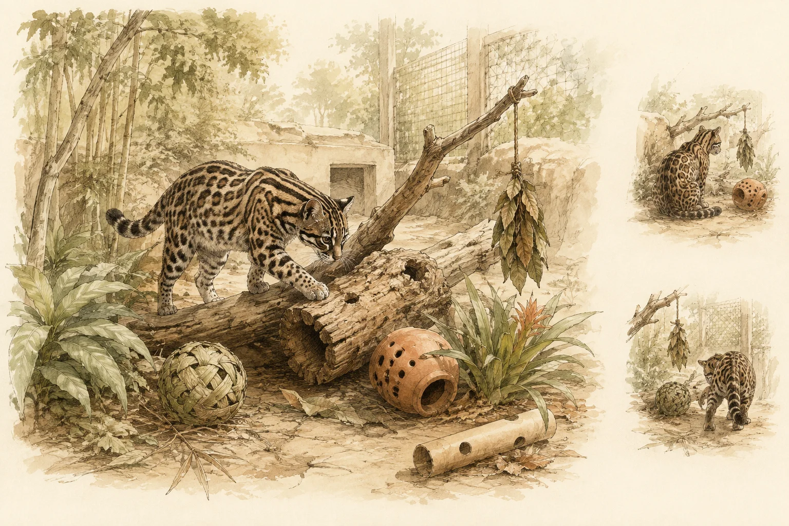 Pequeno felino explorando troncos, folhas e objetos em um recinto.