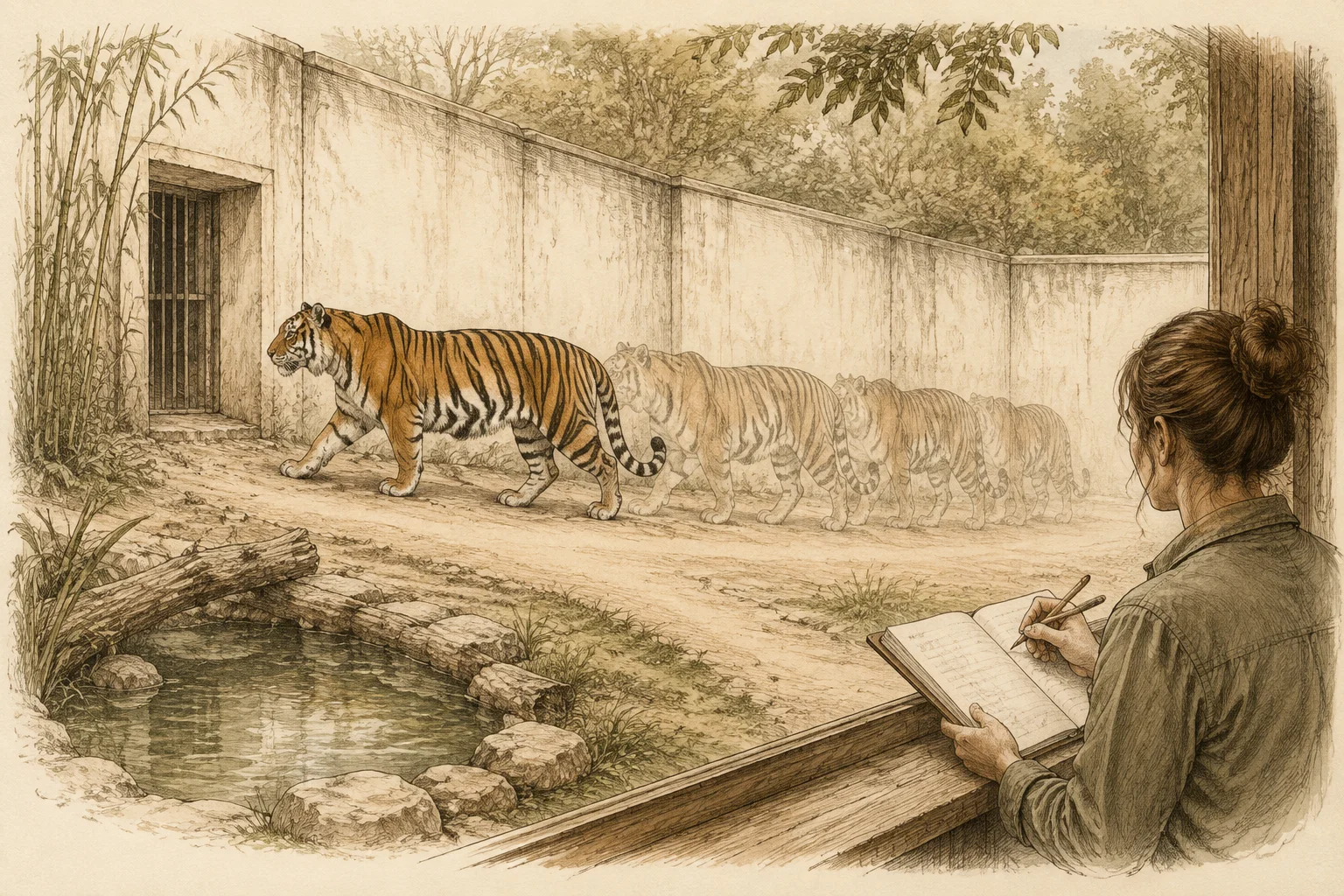 Sequência sobreposta de um tigre percorrendo repetidamente o mesmo trajeto em um recinto.