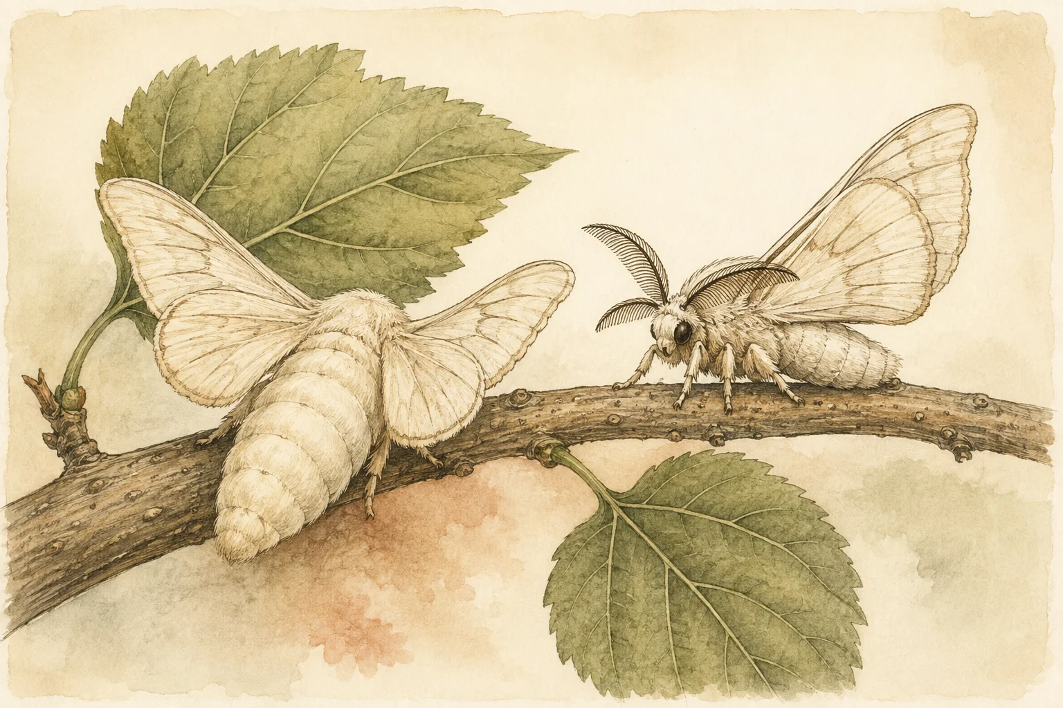 Duas mariposas do bicho-da-seda sobre um ramo de amoreira, com as antenas do macho visíveis.