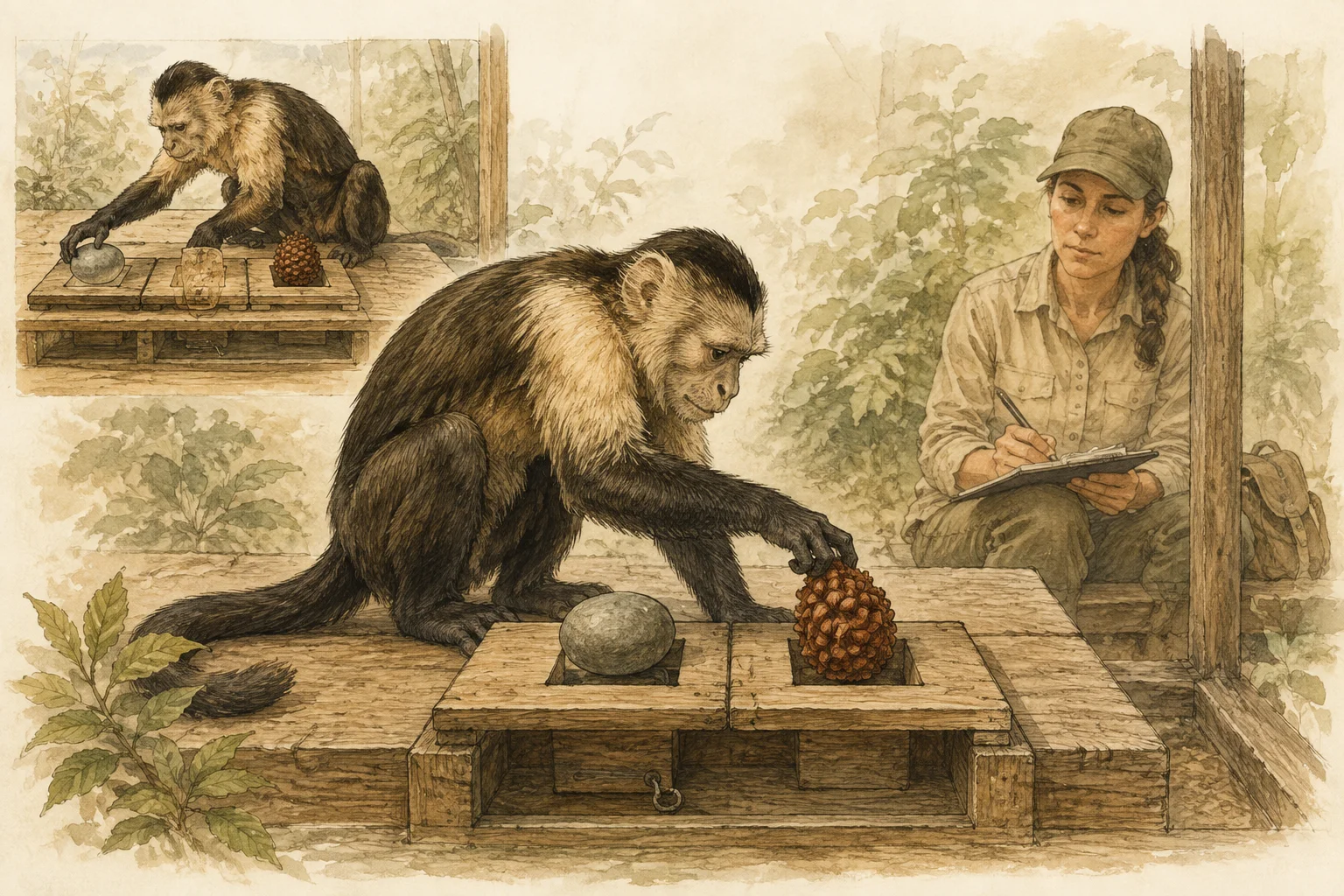 Macaco-prego manipula alimento sobre um dispositivo de madeira observado por uma pesquisadora.