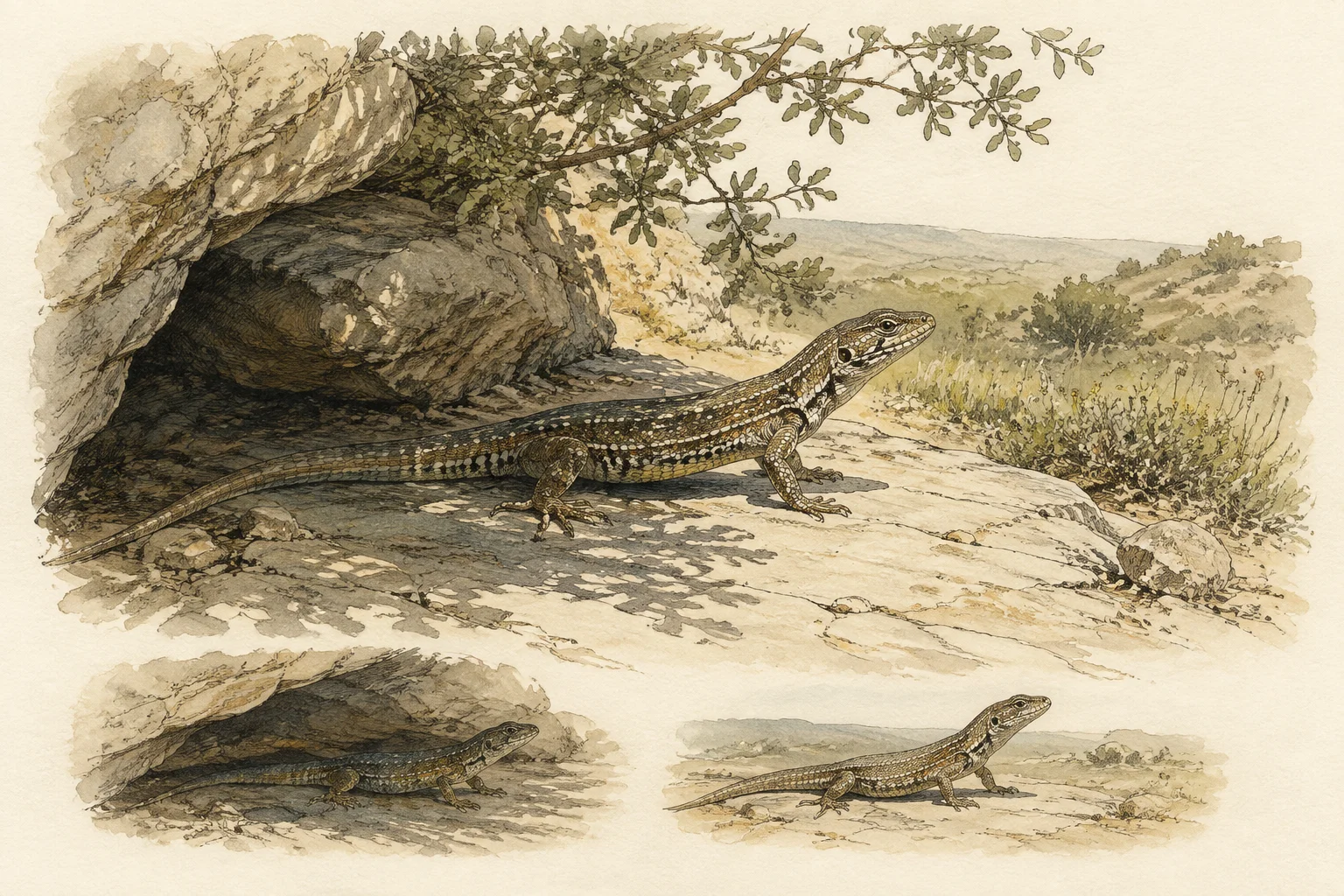 Lagarto em posições com diferentes exposições ao sol e à sombra.
