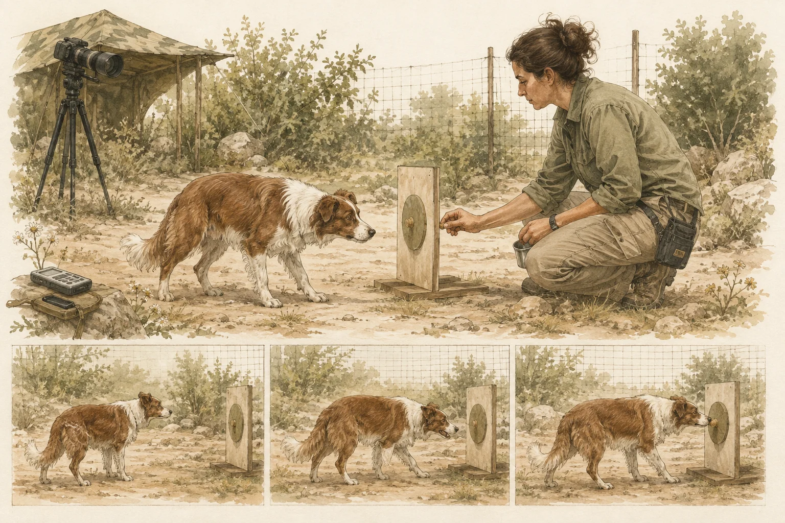 Sequência de um cão aproximando o focinho de um alvo diante de uma pesquisadora.
