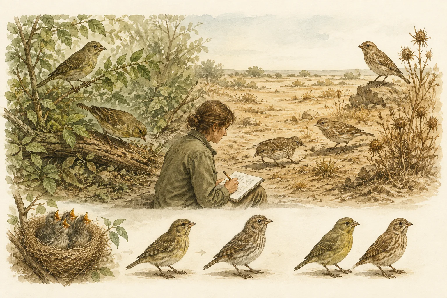Pesquisadora observa aves em ambientes distintos, com comparações ilustradas na margem inferior.