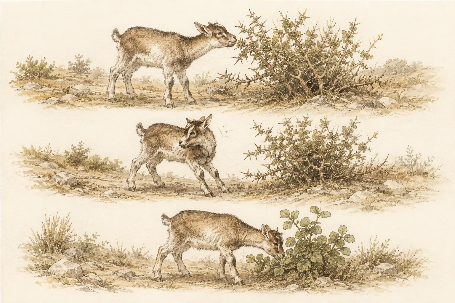 Cabrito aproximando-se de um arbusto espinhoso, afastando-se e depois buscando outra planta.