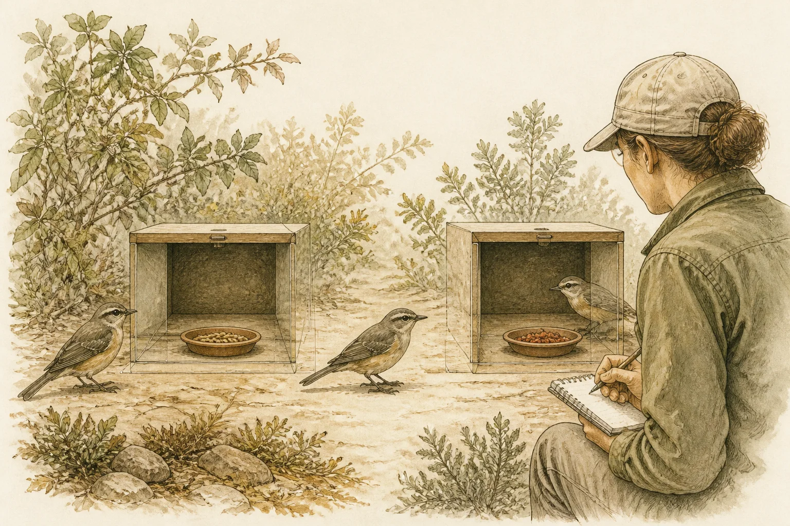 Aves exploram duas caixas semelhantes com recipientes de alimento diante de uma pesquisadora.