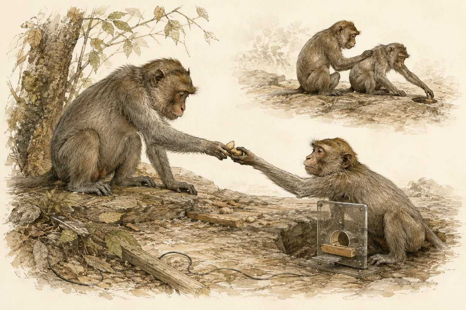 Macacos trocam alimento, com uma cena de catação social ao fundo.