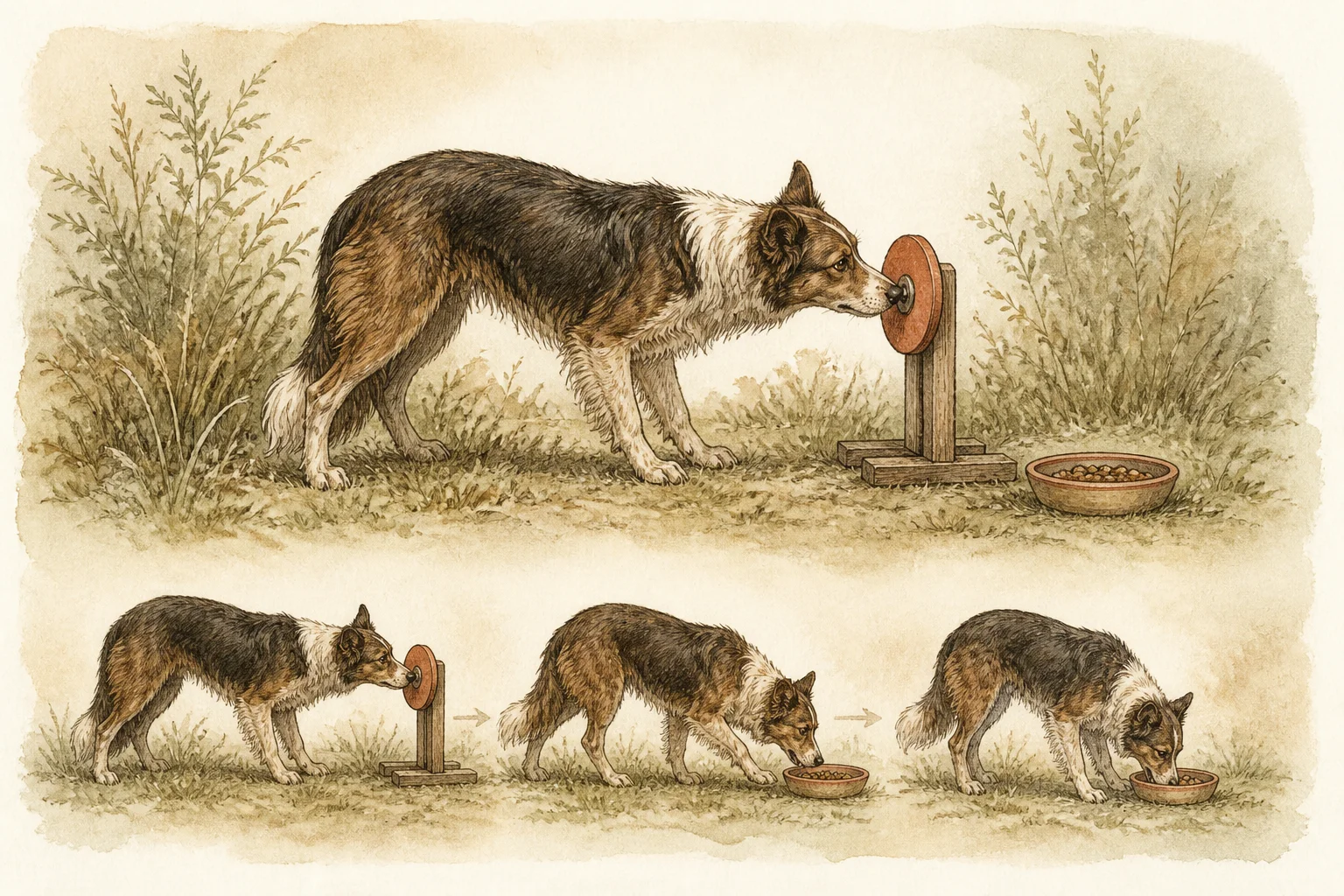 Cão tocando um alvo com o focinho e depois acessando um recipiente com alimento.