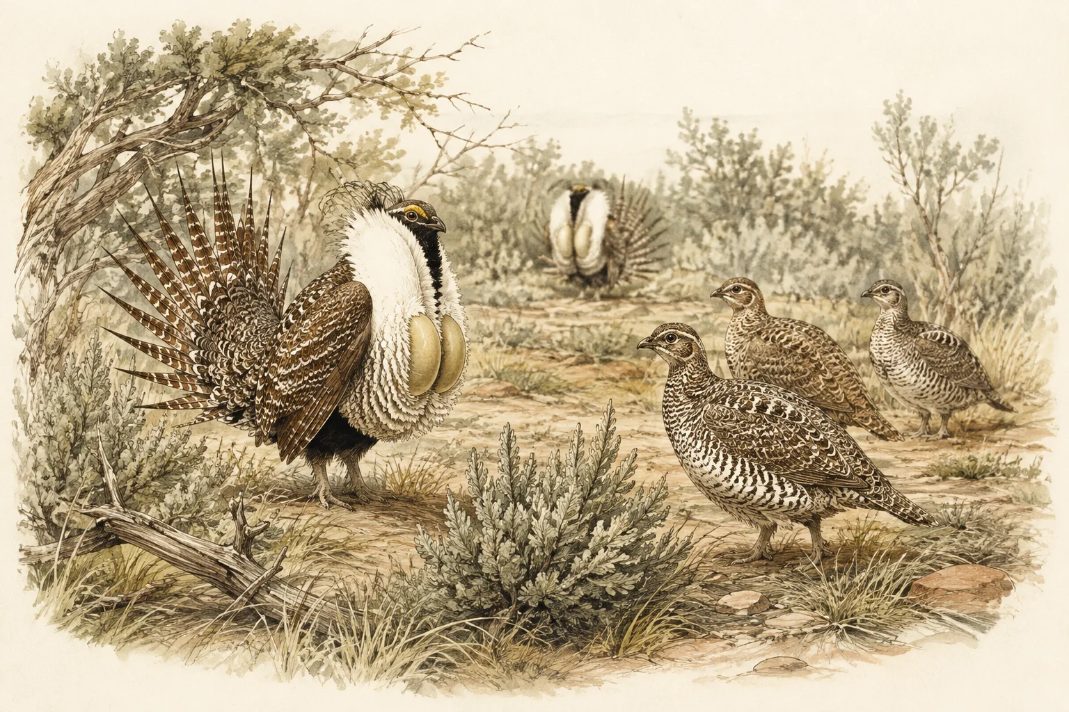 Aves em exibição reprodutiva diante de possíveis parceiros.