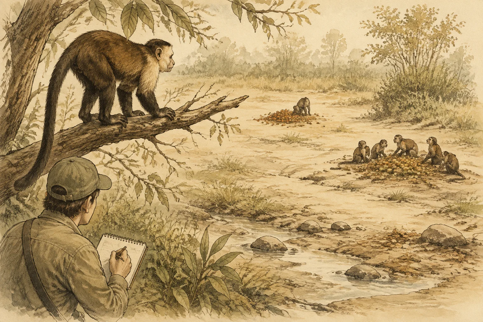 Macaco observa dois locais com recursos e outros indivíduos enquanto um pesquisador toma notas.