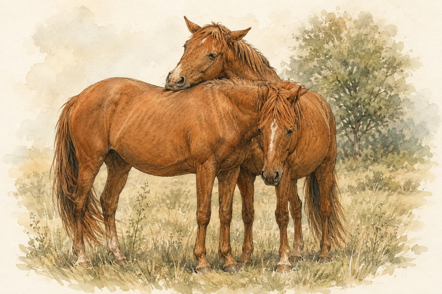Dois cavalos em uma interação de cuidado corporal.